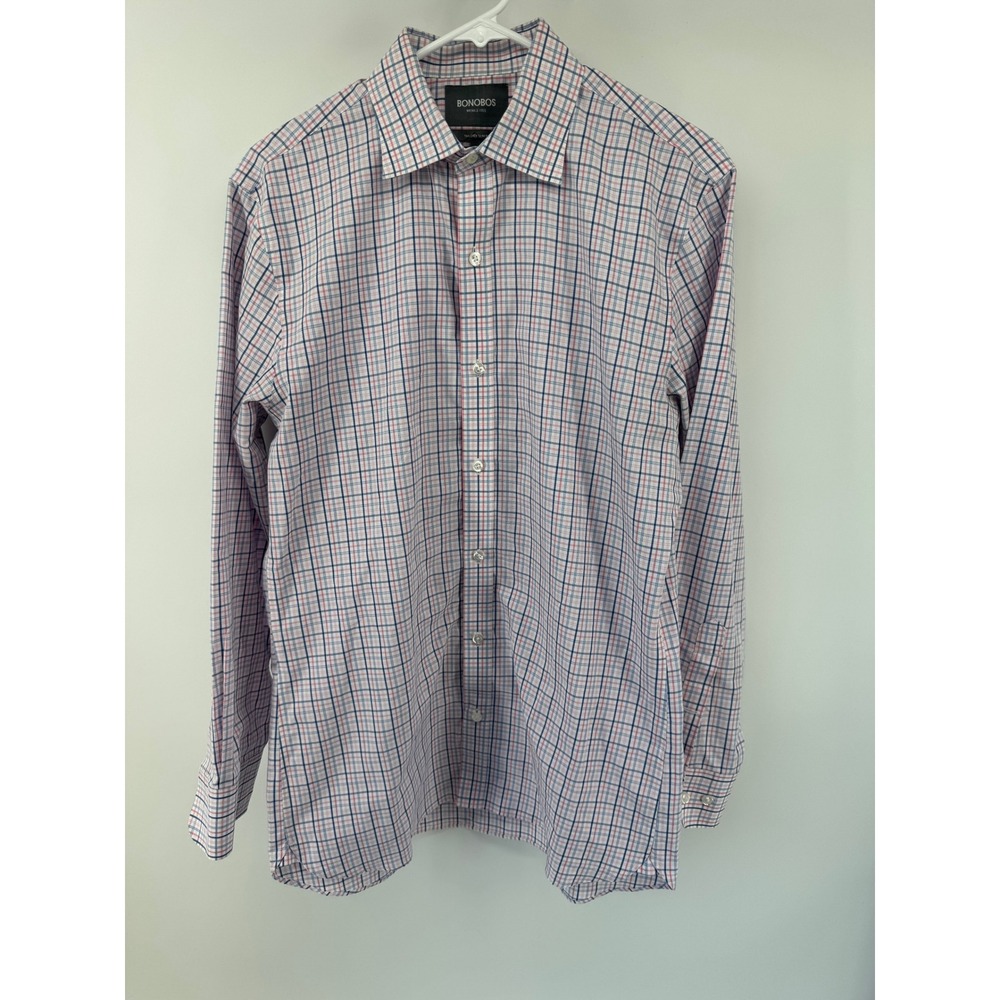 Bonobos Mens Wrinkle-Free Tailored Slim Fit Dress Shirt Blue Pink Check 16 34